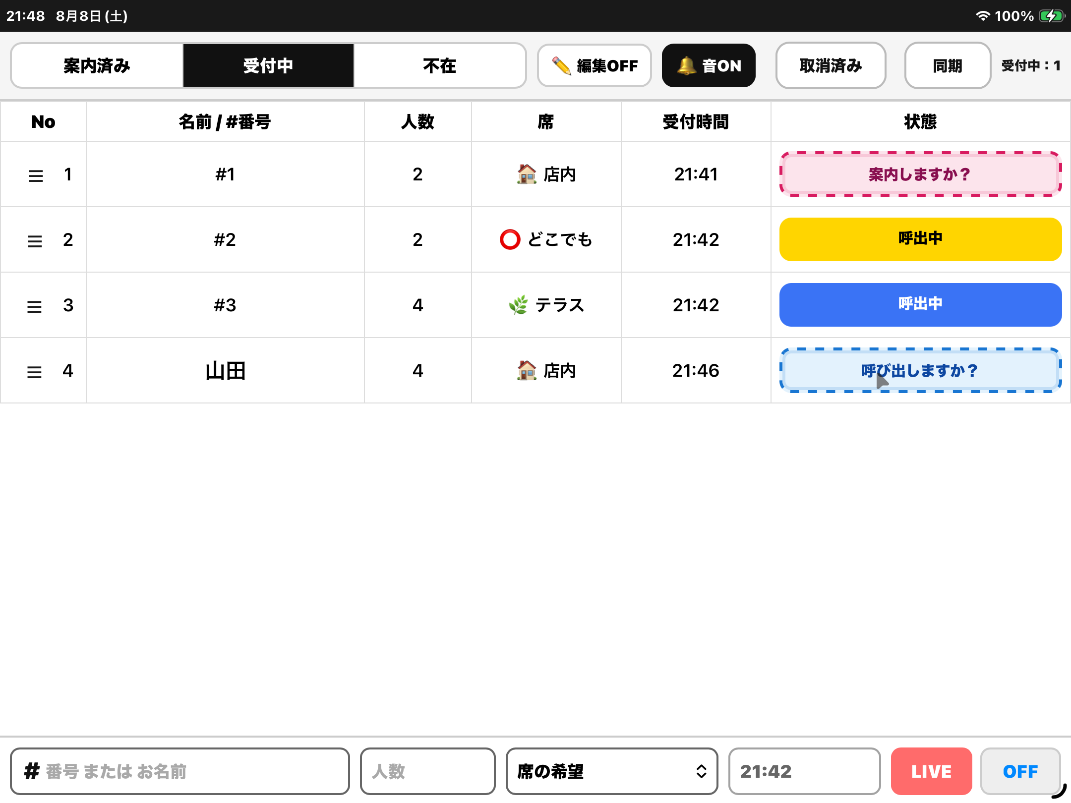 受付中一覧、呼出中、案内しますか、呼び出しますかが表示されたiPad管理画面
